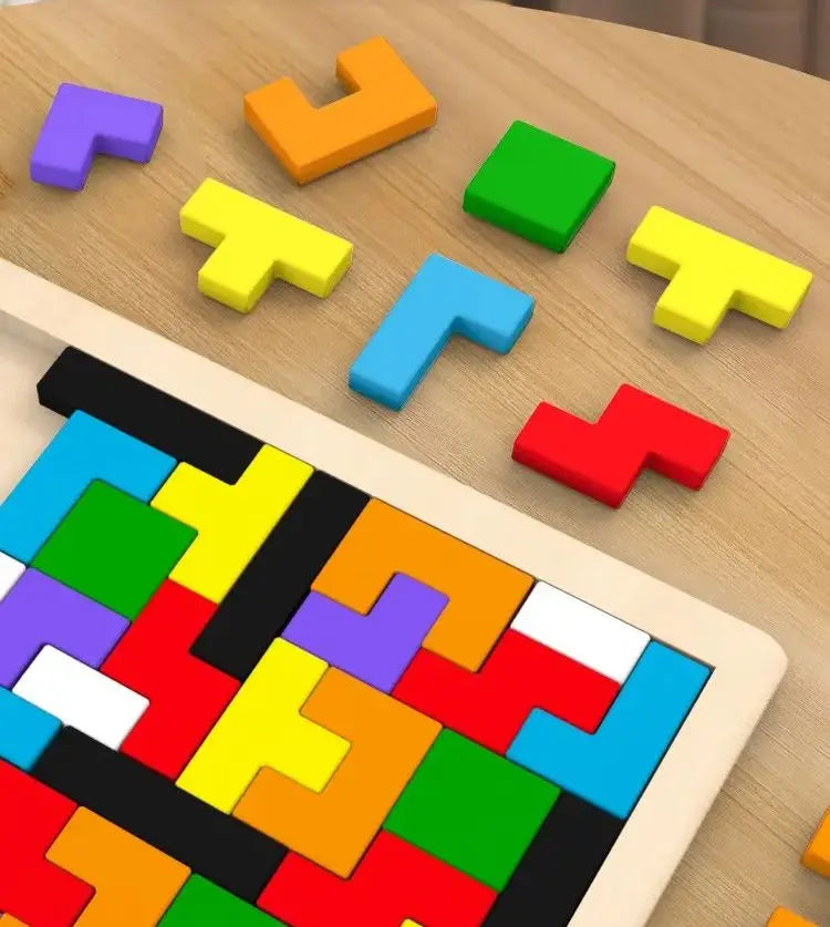 Wooden tangram puzzle showing different creative shape combinations and patterns