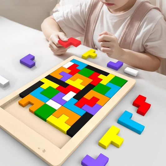 Colorful wooden tangram puzzle set with geometric shapes for kids 3+